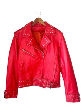 Vintage Women's Red Leather Rock & Roll Punk Studded Zip Up Heavy Biker Jacket